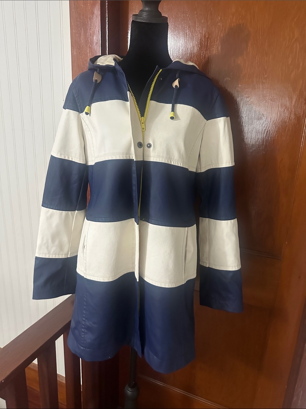 Talbots Navy and White Striped Hooded Trench Coat